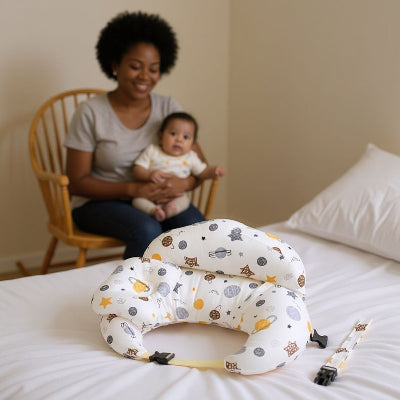 Coussin Allaitement pour Bébé gris à motifs planètes et étoiles, avec ceinture de sécurité, idéal pour l’allaitement et le repos du nourrisson.