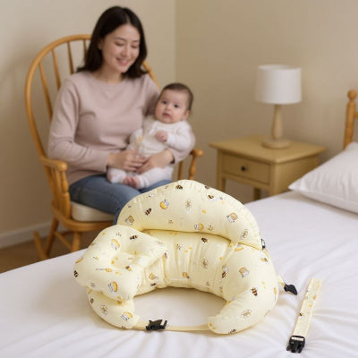 Coussin Allaitement pour Bébé évolutif jaune avec motifs mignons, posé sur un lit avec ceinture ajustable et soutien anti-reflux.