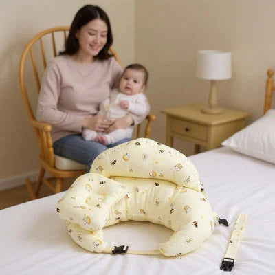 Coussin Allaitement pour Bébé évolutif jaune avec motifs mignons, posé sur un lit avec ceinture ajustable et soutien anti-reflux.