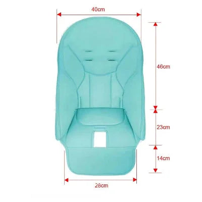 Coussin réducteur pour chaise haute bébé turquoise avec dimensions 46x40 cm dossier, 28x23 cm assise et rabat frontal 14 cm, compatible avec la plupart des modèles.