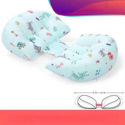 Coussin de grossesse avec imprimés festifs ajustable, conçu pour soulager le ventre et le dos des femmes enceintes.