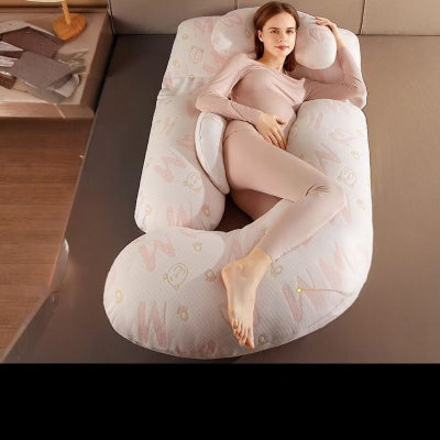 Coussin de grossesse motif ourson rose clair, soutien abdominal et relaxation postnatale