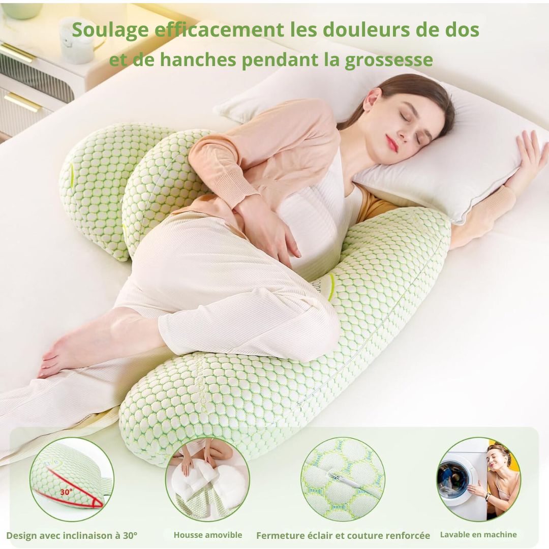 Coussin de grossesse conçu pour soulager les douleurs de dos et de hanches pendant la grossesse