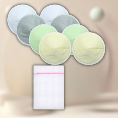 Ensemble de coussinets d'allaitement LotusNest ultra-absorbants et respirants, en nuances de vert et jaune clair.
