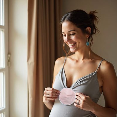 Jeune maman utilisant un coussinet d'allaitement LotusNest en fibre de bambou, souriante et détendue