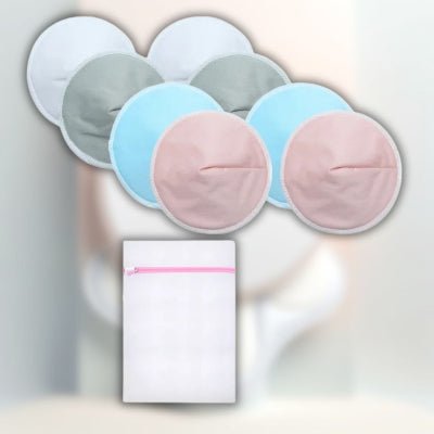 Coussinet d'allaitement LotusNest réutilisable en teintes pastel douces, accompagné d'une pochette de transport élégante.