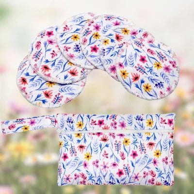 Coussinets d’allaitement motif floral vibrant, avec une pochette pratique, idéals pour les mamans recherchant style et praticité.