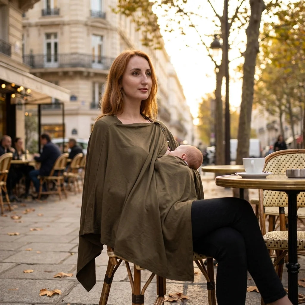 DouceEnvol™ kaki — maman allaitant sereinement en terrasse de café parisien en automne, discrétion naturelle