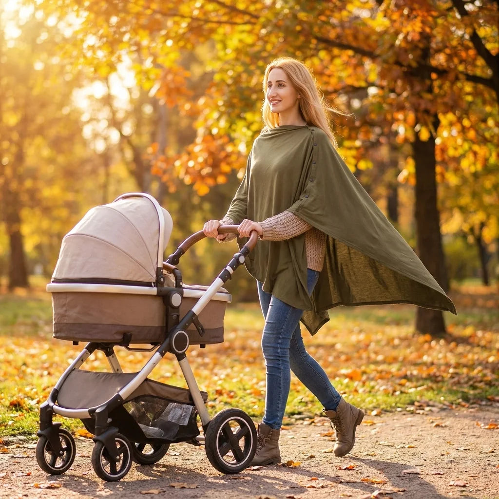 Maman portant DouceEnvol™ kaki en poncho lors d'une promenade en parc automnal avec poussette