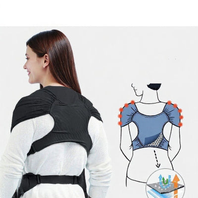 Écharpe de portage noire vue de dos, avec focus sur le soutien ergonomique des épaules et la ventilation.