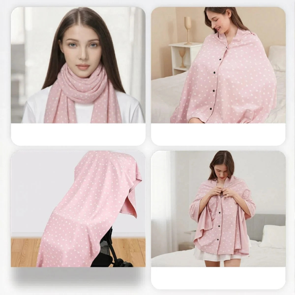 Écharpe d'allaitement DouxVoile rose — collage 4 usages : foulard, cache-allaitement, châle coupe-vent et protection poussette
