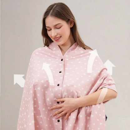 Écharpe d'allaitement DouxVoile rose poudré motif cœurs blancs — coupe ample enveloppante, boutons pression noirs, tissu respirant vue de face