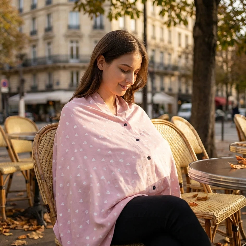Maman allaitant discrètement en terrasse de café parisien sous écharpe d'allaitement DouxVoile rose cœurs — tétée sereine en public