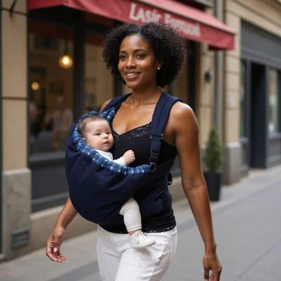 Maman portant son bébé en écharpe de portage allaitement NursingSling bleu marine avec intérieur à motif plaid, confort et portage physiologique en extérieur.