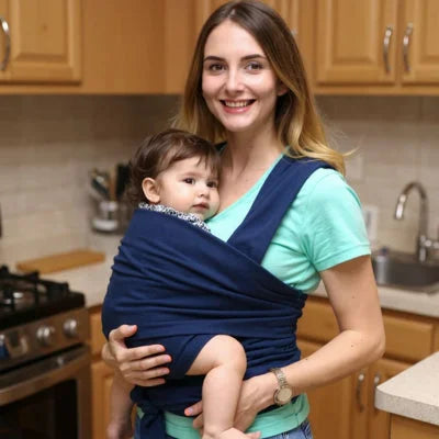 Maman allaitant un nouveau-né dans une écharpe de portage, illustrant une tétée discrète et naturelle à la maison.


