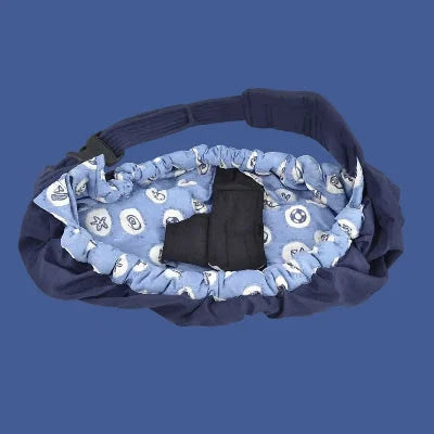 Écharpe de portage allaitement NursingSling style fleur d’océan, tissu intérieur bleu motifs marins, portage physiologique bébé confort et sécurité.