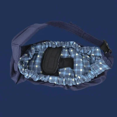 Écharpe de portage allaitement NursingSling bleu marine avec intérieur plaid bleu et blanc, design ergonomique pour portage physiologique.