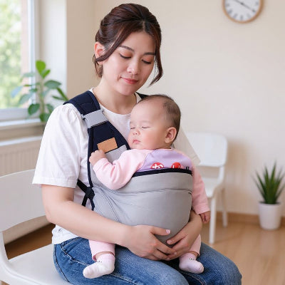 Écharpe de portage grise utilisée pour un moment câlin en extérieur avec bébé, tissu doux et extensible, portage ergonomique.