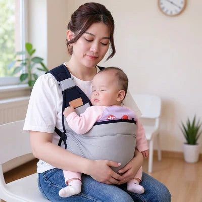 Écharpe de portage grise utilisée pour un moment câlin en extérieur avec bébé, tissu doux et extensible, portage ergonomique.