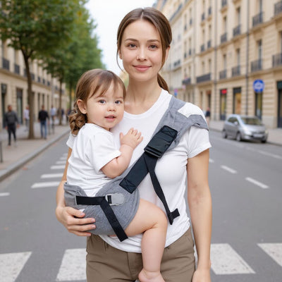 Maman portant son bébé contre elle dans une écharpe de portage grise, tissu doux et confortable, lien tendre et sécurisé.