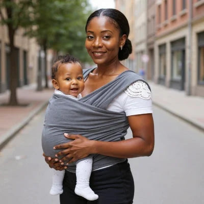Maman debout tenant son bébé dans une écharpe de portage noire, idéale pour allaiter en toute discrétion pendant les tâches du quotidien.