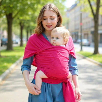 Jeune maman en promenade dans une rue arborée portant son bébé blond dans une écharpe de portage rose, cadre urbain et détente en plein air.