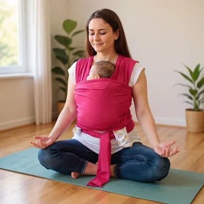 Jeune maman assise en tailleur sur un tapis de yoga portant son bébé dans une écharpe de portage rose, séance de méditation en lumière naturelle.