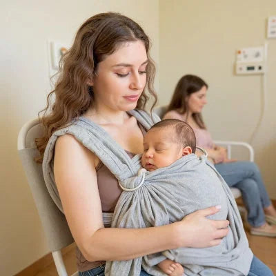 Maman assise à la maternité portant son nouveau-né dans une écharpe de portage sans nœud grise, idéale dès la naissance.
