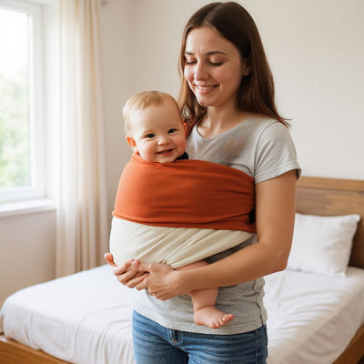 Maman souriante debout dans une chambre lumineuse tenant son bébé heureux dans une écharpe de portage terracotta et crème, ambiance douce et familiale.