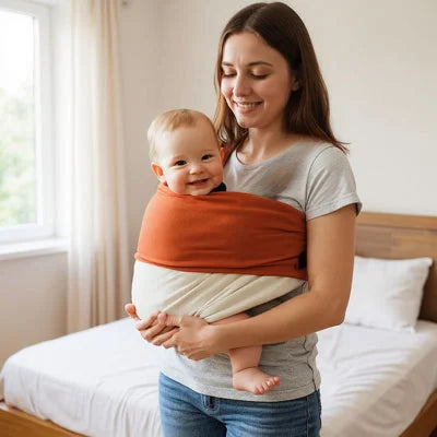 Maman souriante debout dans une chambre lumineuse tenant son bébé heureux dans une écharpe de portage terracotta et crème, ambiance douce et familiale.