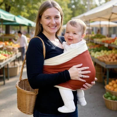 Maman portant son bébé dans une écharpe de portage terracotta et crème sur un marché de fruits et légumes, panier en osier au bras, scène en plein air conviviale.