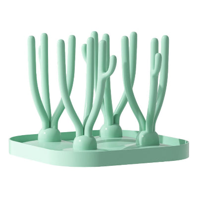 Égouttoir biberon vert corail doté de 16 branches modulables pour organiser les biberons et accessoires bébé sur un support stable.