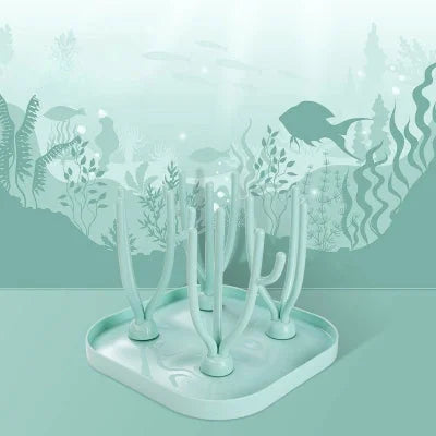  Égouttoir biberon vert pastel dans une ambiance océanique, alliant fonctionnalité et décoration naturelle.