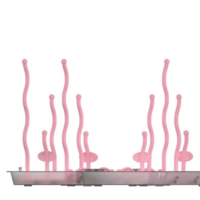 Égouttoir biberon pliable rose avec bras ondulés, présenté de côté pour mettre en valeur la hauteur variable des supports et leur capacité à accueillir plusieurs biberons.