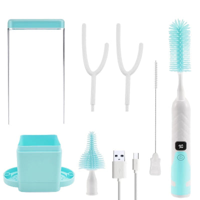 Ensemble complet goupillon biberon PowerDry™ bleu avec brosses, câble USB, support et boîte de rangement.

