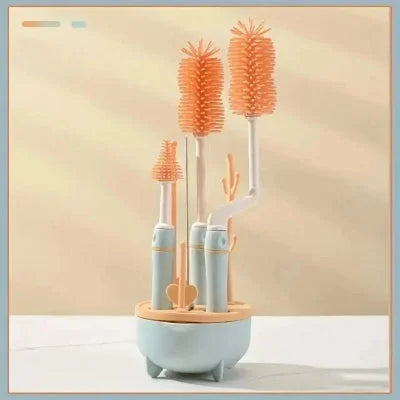  Kit goupillon biberon bleu mousse avec brosses en silicone et base gain de place, idéal pour nettoyer efficacement les biberons et pailles.
