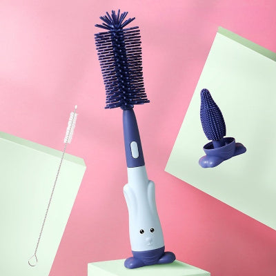 Kit goupillon biberon bleu avec brosse principale, mini-brosse tétine et brosse paille, idéal pour un nettoyage complet et hygiénique.