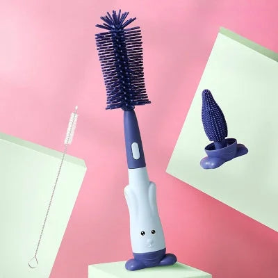 Kit goupillon biberon bleu avec brosse principale, mini-brosse tétine et brosse paille, idéal pour un nettoyage complet et hygiénique.
