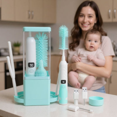 Goupillon biberon electrique PowerDry™ turquoise avec écran LED et recharge USB, présenté avec ses brosses en silicone et une maman tenant son bébé dans une cuisine familiale.