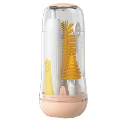 Goupillon biberon couleur jaune pastel avec embouts en silicone dans un étui hermétique, parfait pour un nettoyage efficace et rapide.