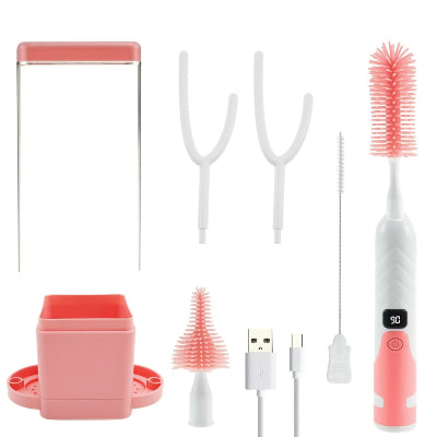  Set de goupillon biberon rose avec têtes interchangeables, chargeur USB et rangement hygiénique intégré.