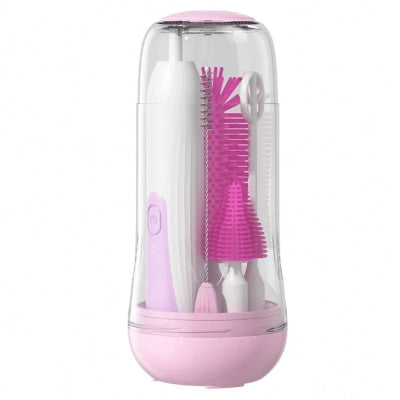 Goupillon biberon couleur rose avec technologie rotative et brosse tétine, conçu pour un nettoyage tout-en-un des accessoires bébé.
