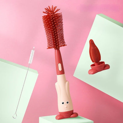 Goupillon biberon rouge avec support, comprenant des accessoires pour nettoyer facilement les tétines, biberons et accessoires d’allaitement.