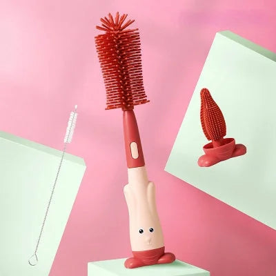 Goupillon biberon rouge avec support, comprenant des accessoires pour nettoyer facilement les tétines, biberons et accessoires d’allaitement.
