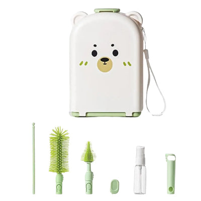 Kit de nettoyage biberon SoftTétin™ vert avec accessoires démontables en silicone doux, facile à transporter et à ranger.