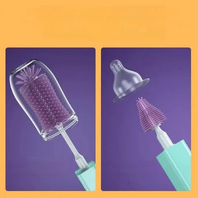 Zoom sur les deux têtes du goupillon biberon, spécialement conçues pour nettoyer à fond les biberons et les tétines sans rayer ni abîmer.

