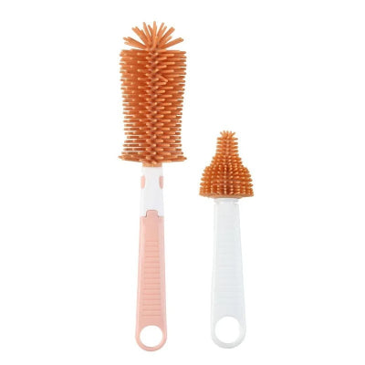 Goupillon pour biberon en silicone orange avec petite brosse pour tétine, idéal comme kit nettoyage biberon 2-en-1.