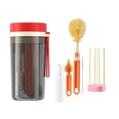 Ensemble goupillon pour biberon avec brosses rouges en silicone, support de séchage rose et accessoires de nettoyage pour tétines et pailles, pour garantir une hygiène bébé optimale.