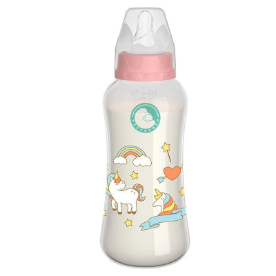 Grand biberon anti colique avec imprimé licorne, favorisant une tétée naturelle et agréable pour bébé.