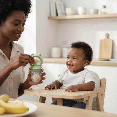 Maman donnant une grignoteuse bébé en silicone EasyGrip à son enfant pour la diversification alimentaire